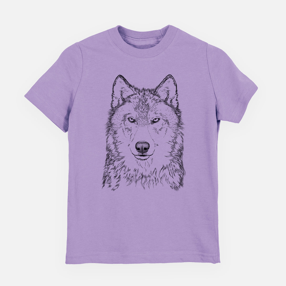 Lavender youth t-shirt laid flat, printed with a detailed black ink portrait of a grey wolf facing forward.