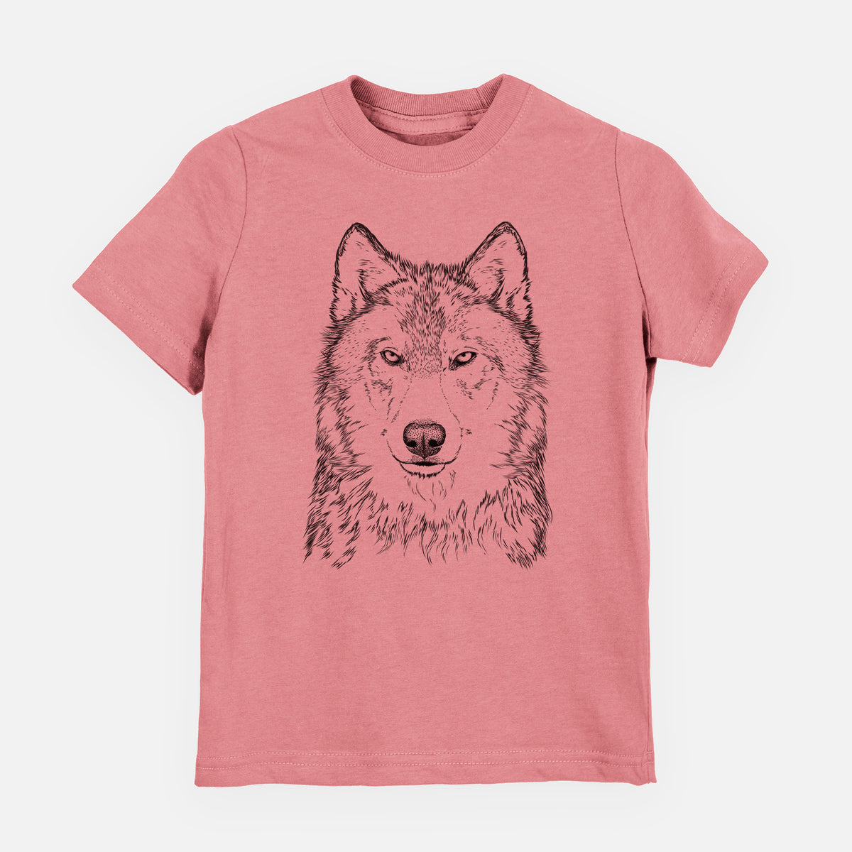 Mauve pink youth t-shirt laid flat, printed with a detailed black ink portrait of a grey wolf facing forward.