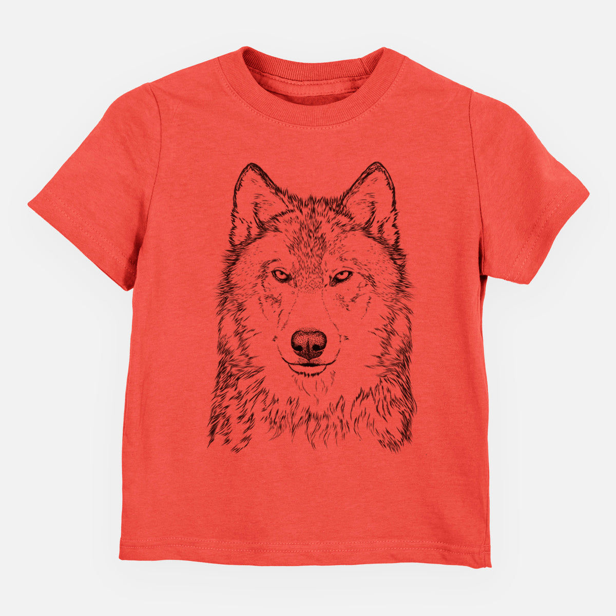 Passionfruit pink toddler t-shirt laid flat, printed with a detailed black ink portrait of a grey wolf facing forward.
