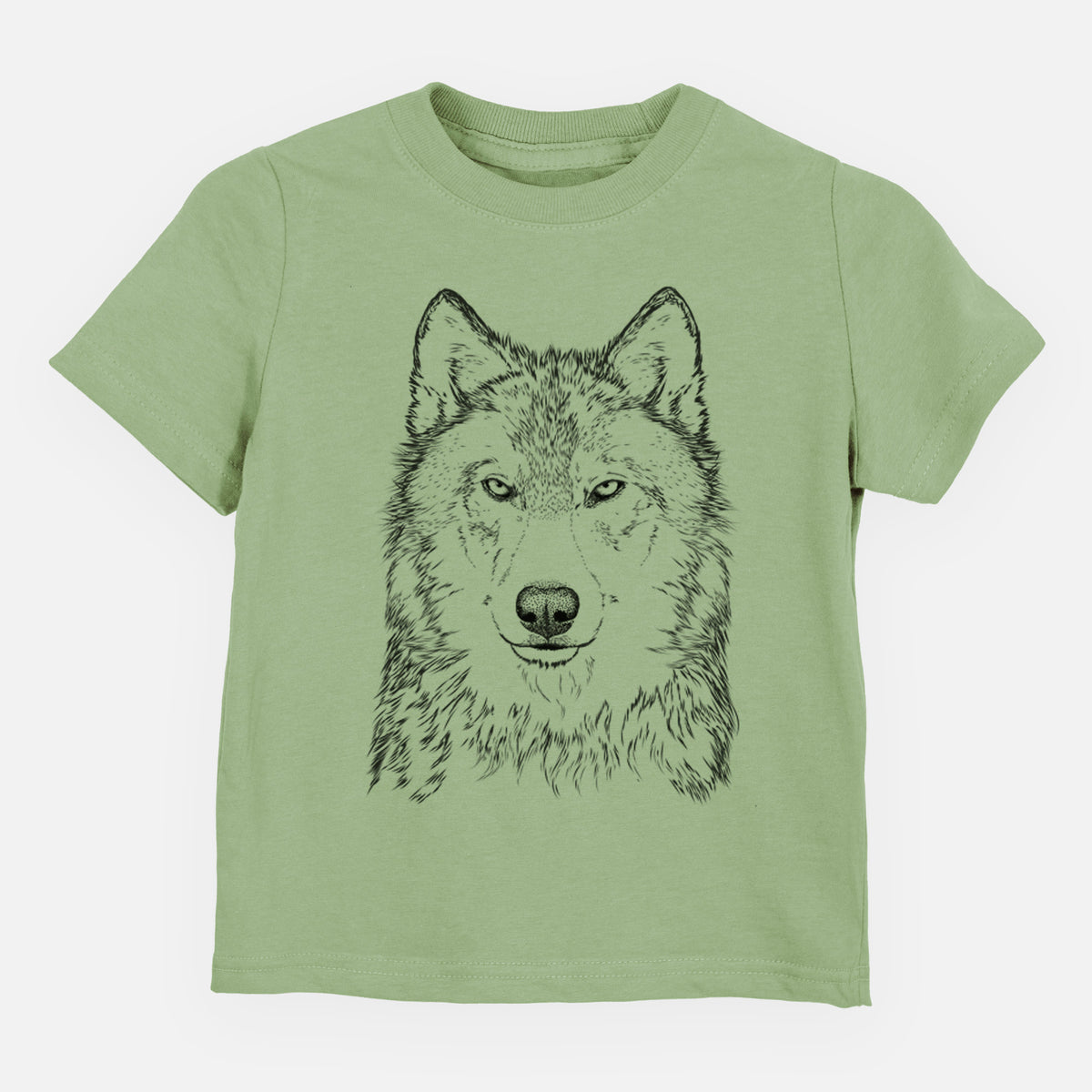 Sage green toddler t-shirt laid flat, printed with a detailed black ink portrait of a grey wolf facing forward.