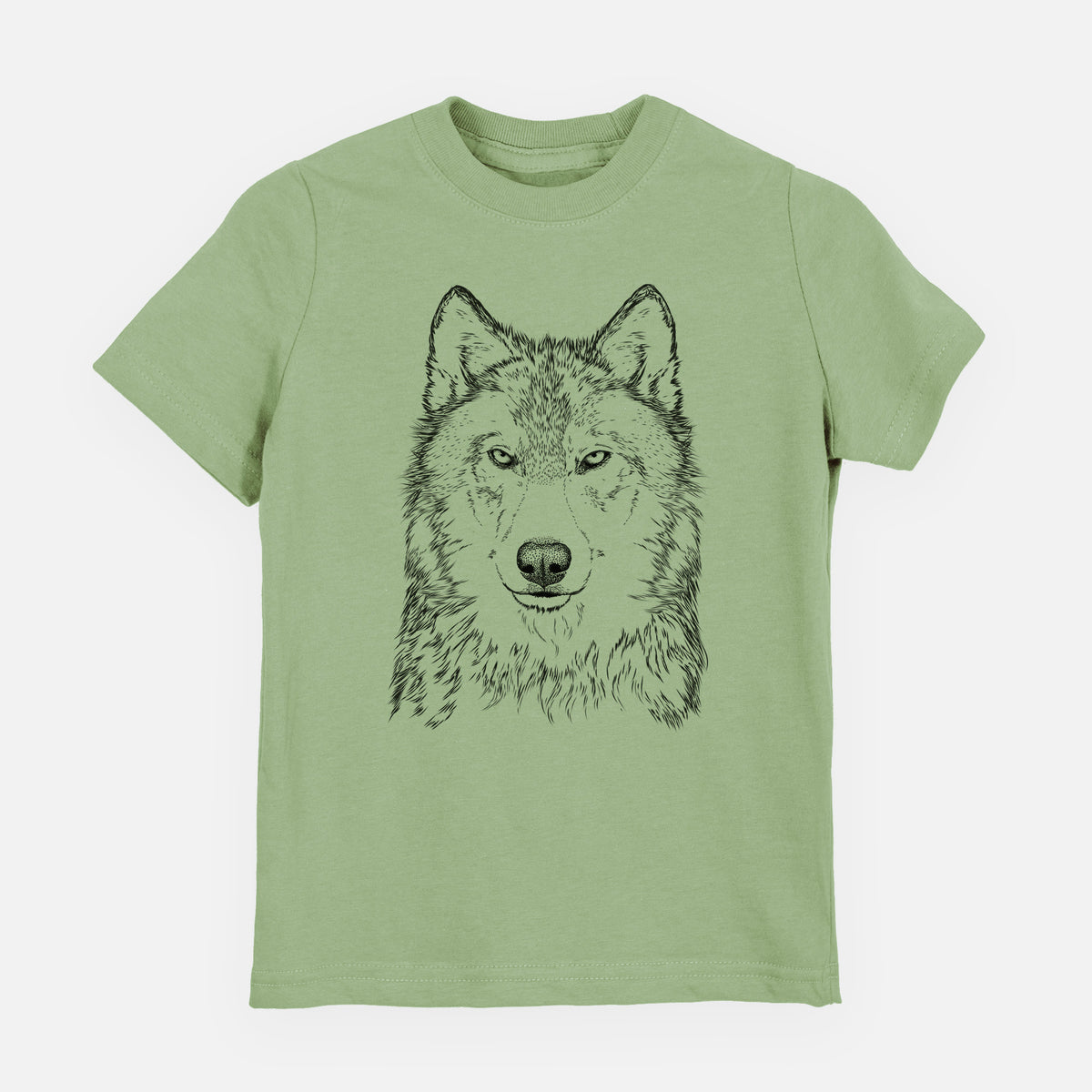 Sage green youth t-shirt laid flat, printed with a detailed black ink portrait of a grey wolf facing forward.