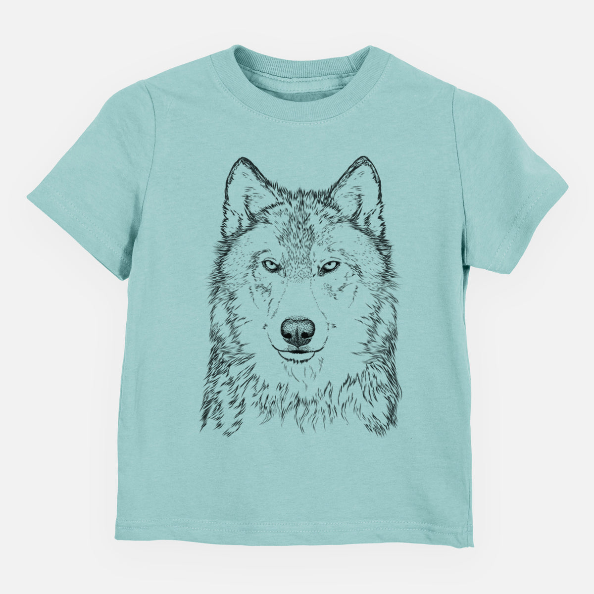 Saltwater toddler t-shirt laid flat, printed with a detailed black ink portrait of a grey wolf facing forward.