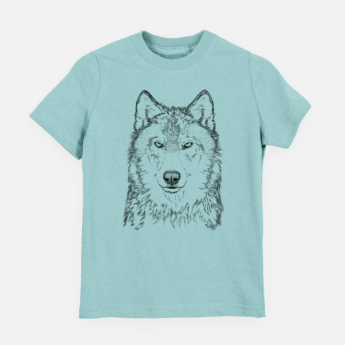 Saltwater youth t-shirt laid flat, printed with a detailed black ink portrait of a grey wolf facing forward.