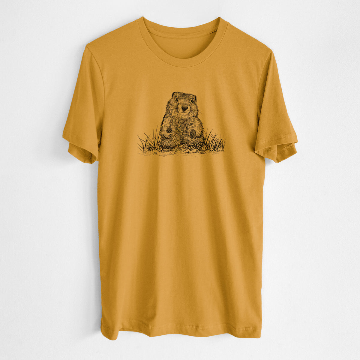 Honeycomb yellow lightweight cotton t-shirt laid flat, printed with a black ink illustration of a groundhog peeking out of its burrow among grass.