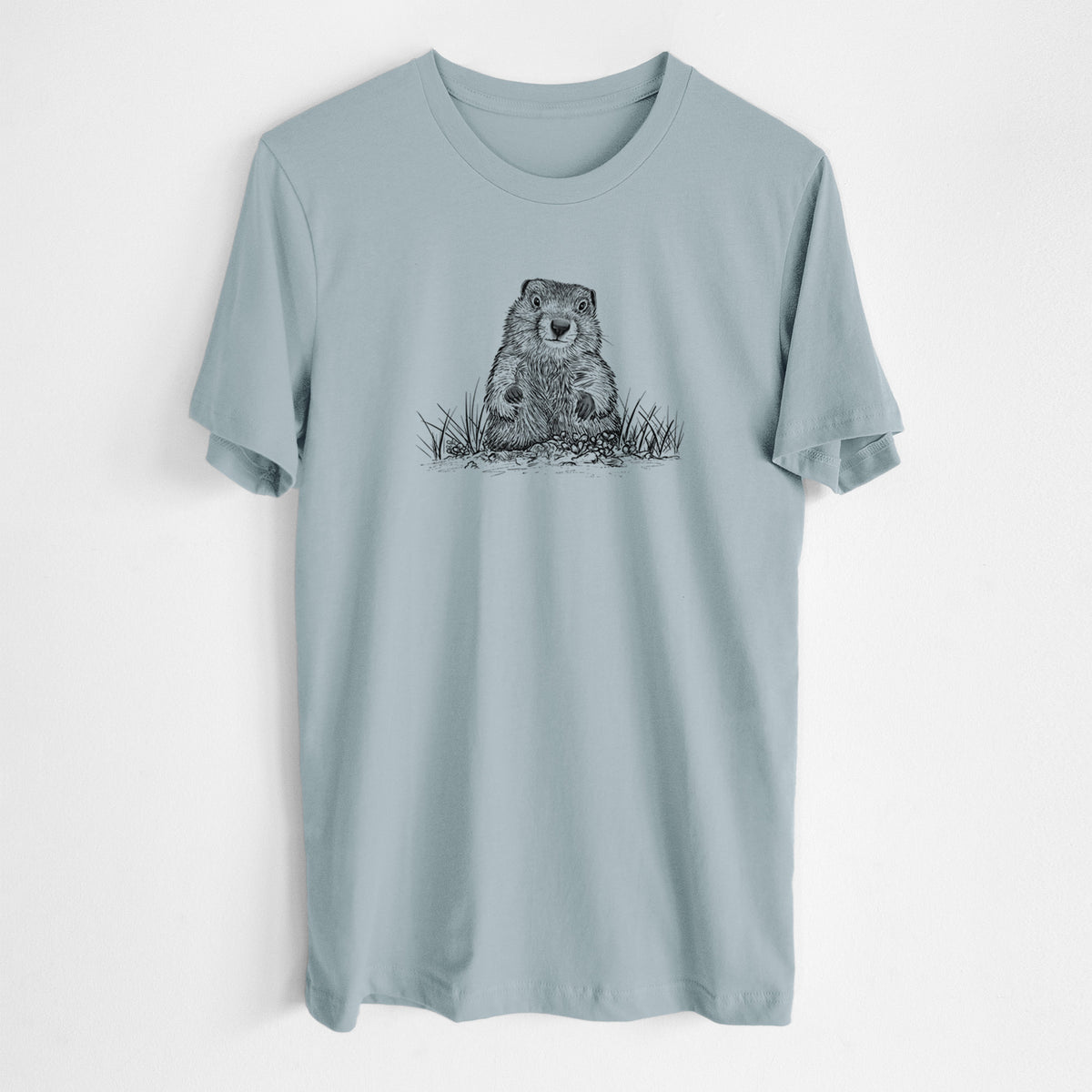 Vintage denim lightweight cotton t-shirt laid flat, printed with a black ink illustration of a groundhog peeking out of its burrow among grass.