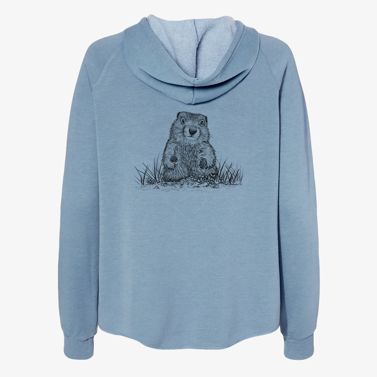 Misty blue women's Cali Wave zip-up sweatshirt laid flat, printed with a black ink illustration of a groundhog peeking out of its burrow among grass.
