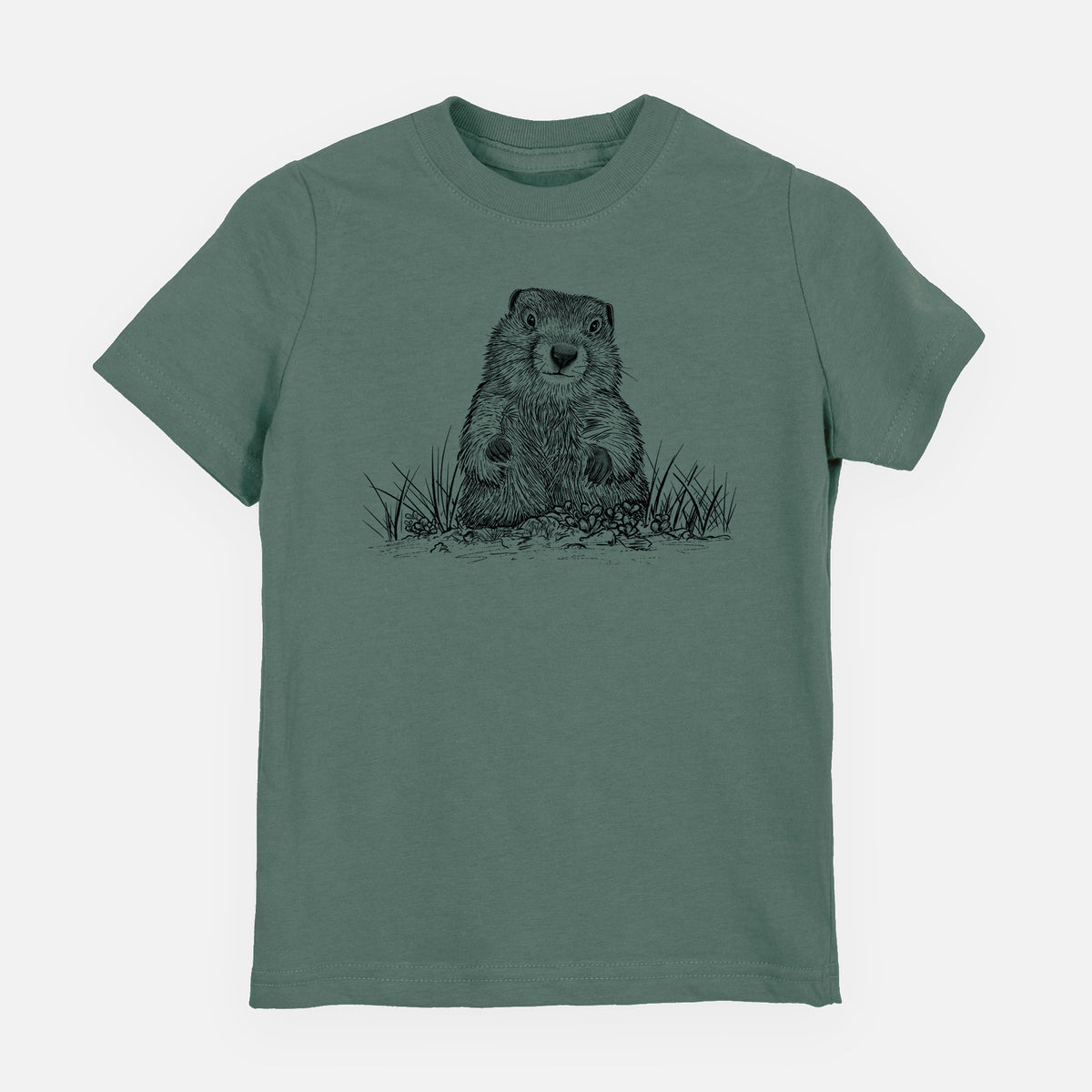 Basil green youth t-shirt laid flat, printed with a black ink illustration of a groundhog peeking out of its burrow among grass.