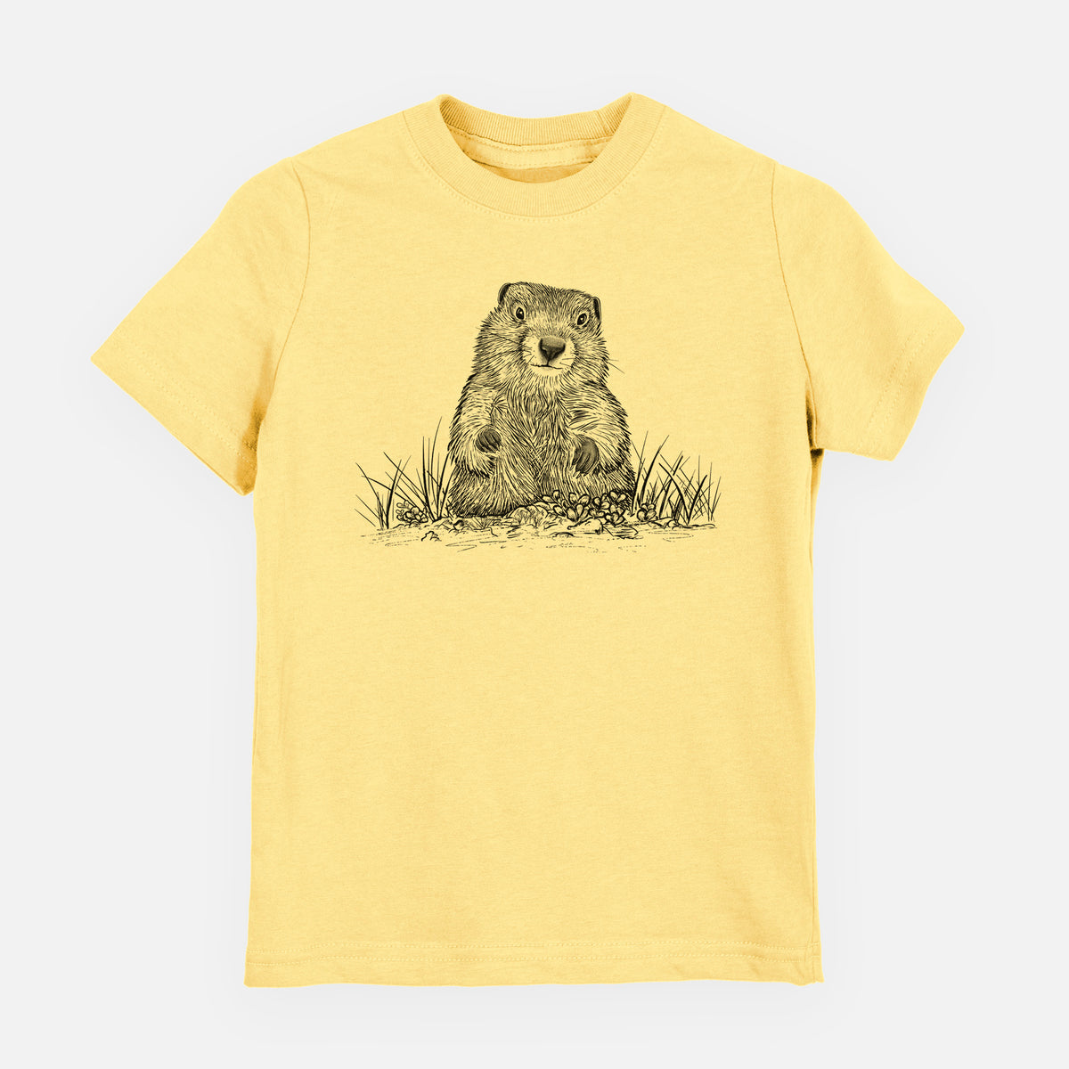 Butter yellow youth t-shirt laid flat, printed with a black ink illustration of a groundhog peeking out of its burrow among grass.