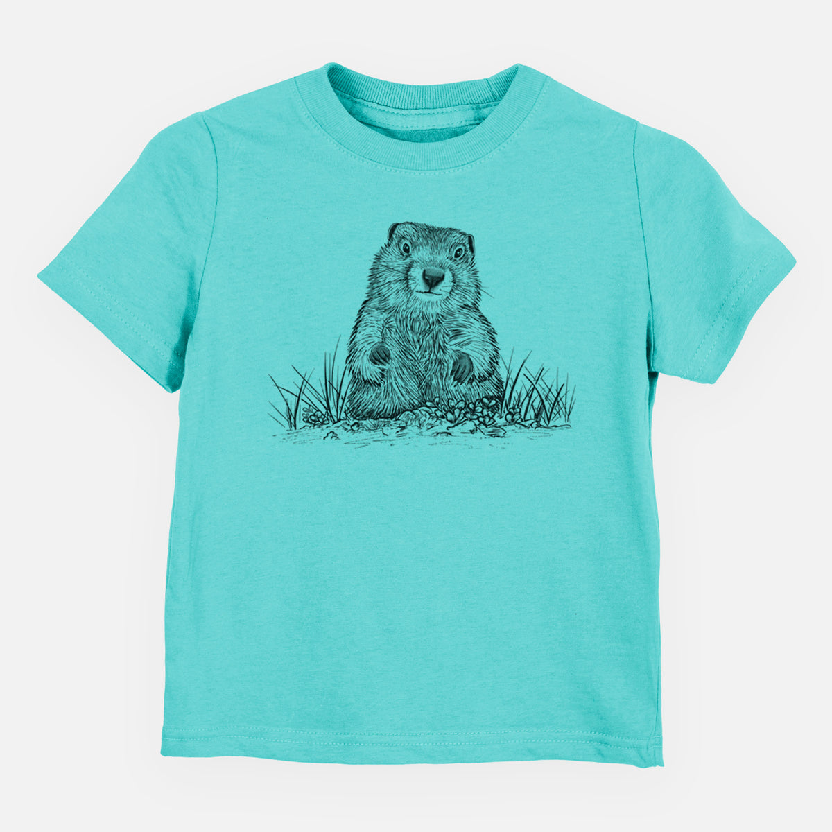 Caribbean blue toddler t-shirt laid flat, printed with a black ink illustration of a groundhog peeking out of its burrow among grass.