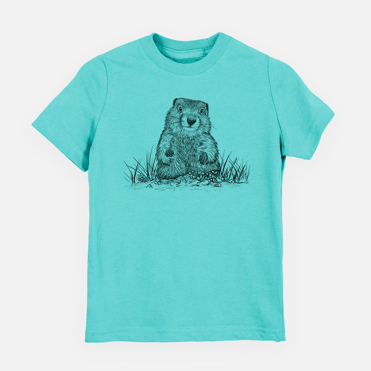 Caribbean blue youth t-shirt laid flat, printed with a black ink illustration of a groundhog peeking out of its burrow among grass.