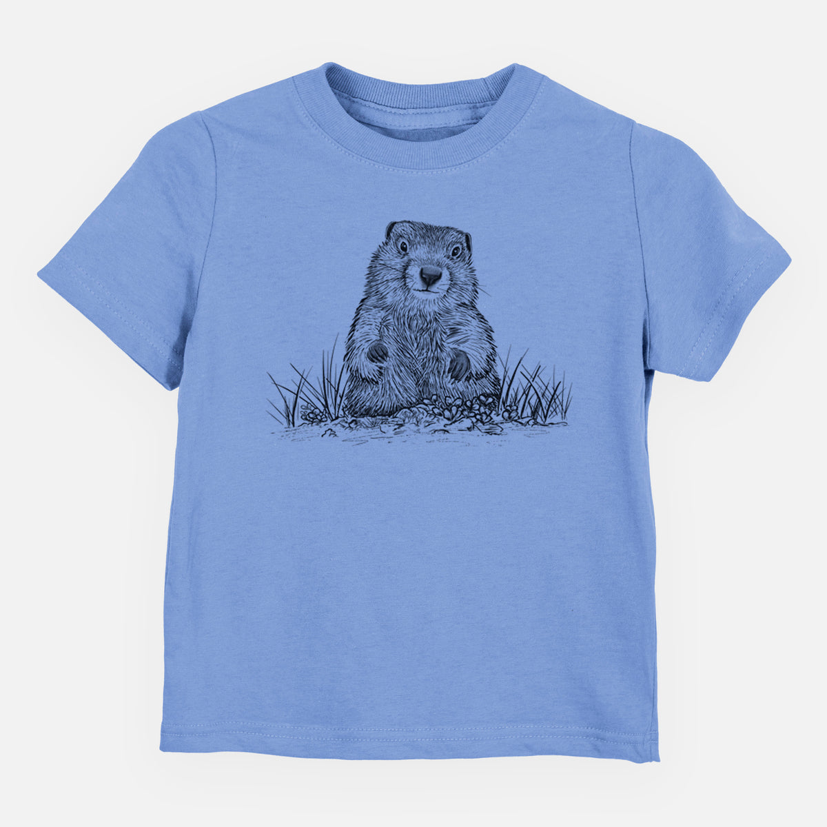 Carolina blue toddler t-shirt laid flat, printed with a black ink illustration of a groundhog peeking out of its burrow among grass.