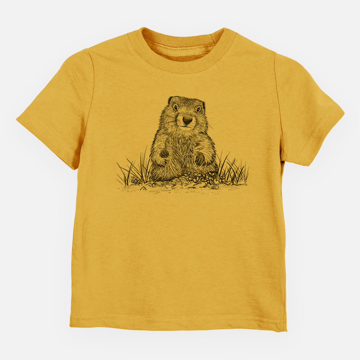 Honeycomb yellow toddler t-shirt laid flat, printed with a black ink illustration of a groundhog peeking out of its burrow among grass.