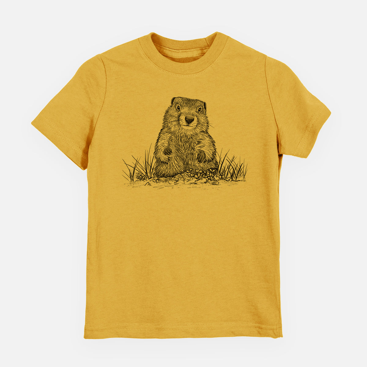 Honeycomb yellow youth t-shirt laid flat, printed with a black ink illustration of a groundhog peeking out of its burrow among grass.