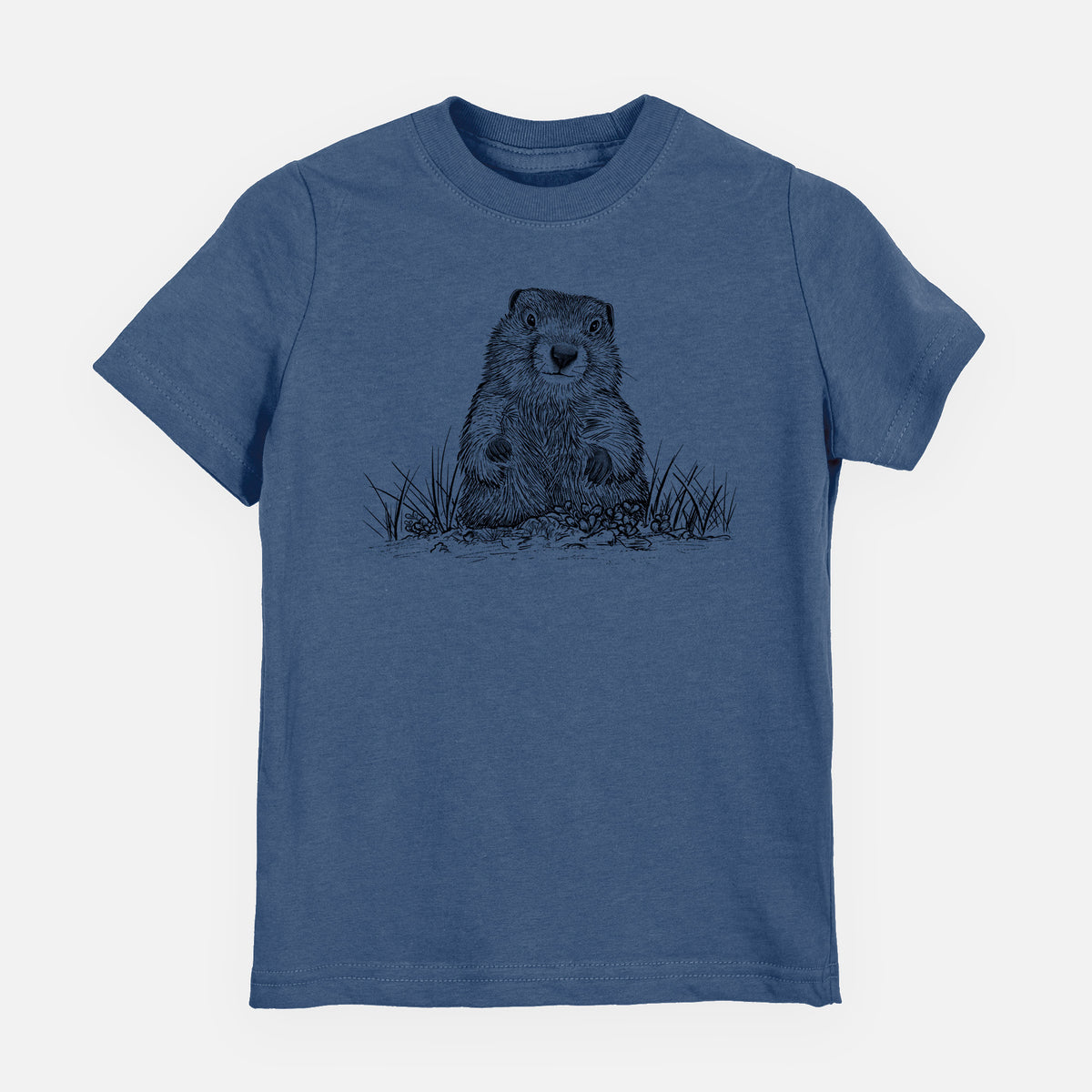 Indigo blue youth t-shirt laid flat, printed with a black ink illustration of a groundhog peeking out of its burrow among grass.
