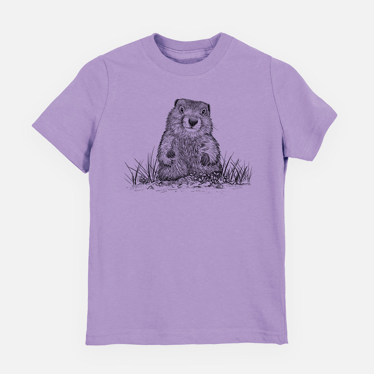 Lavender youth t-shirt laid flat, printed with a black ink illustration of a groundhog peeking out of its burrow among grass.
