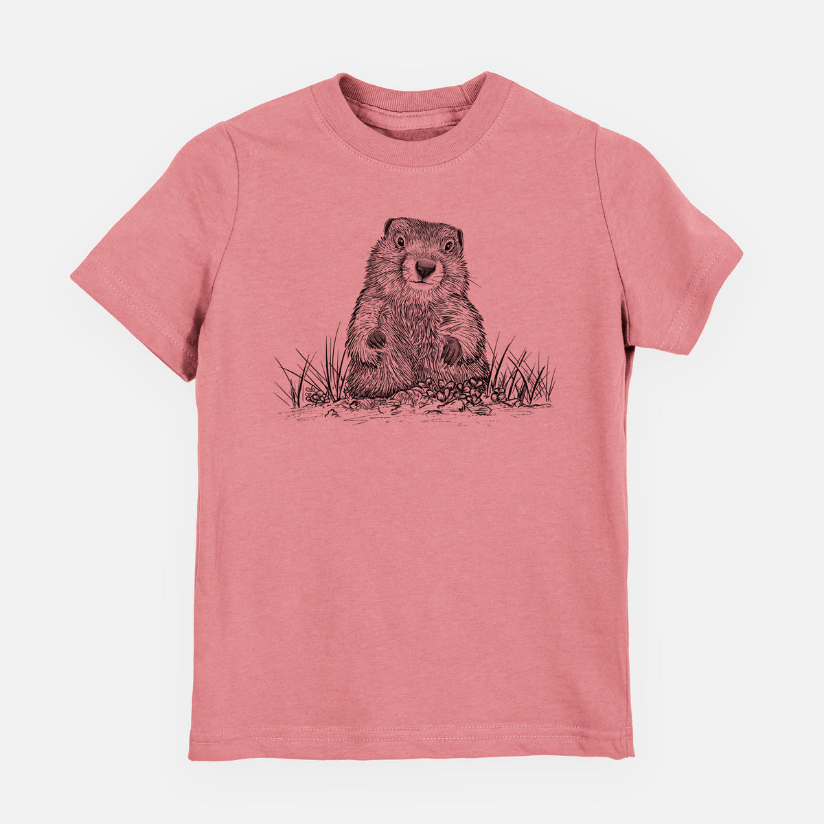 Mauve pink youth t-shirt laid flat, printed with a black ink illustration of a groundhog peeking out of its burrow among grass.