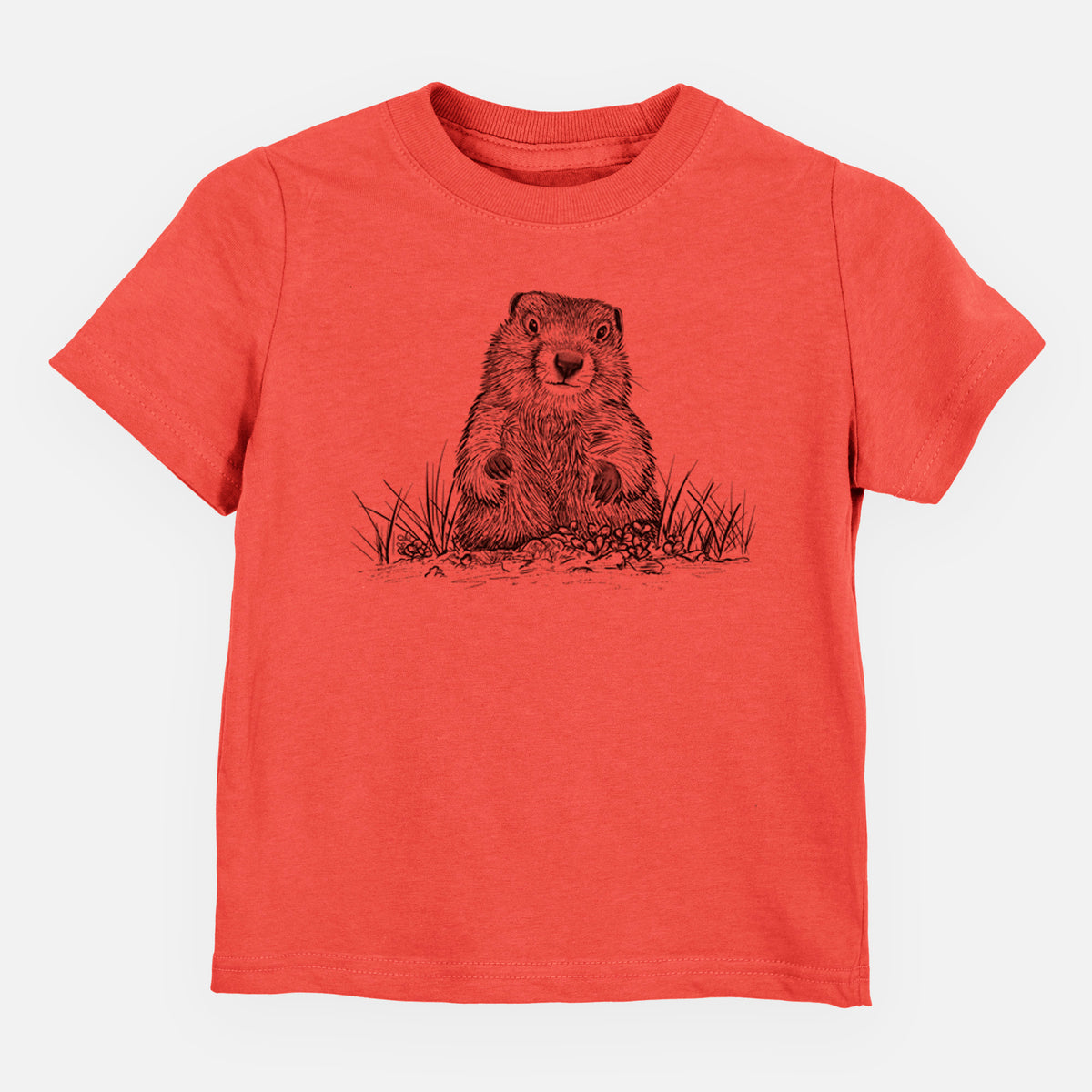Passionfruit pink toddler t-shirt laid flat, printed with a black ink illustration of a groundhog peeking out of its burrow among grass.