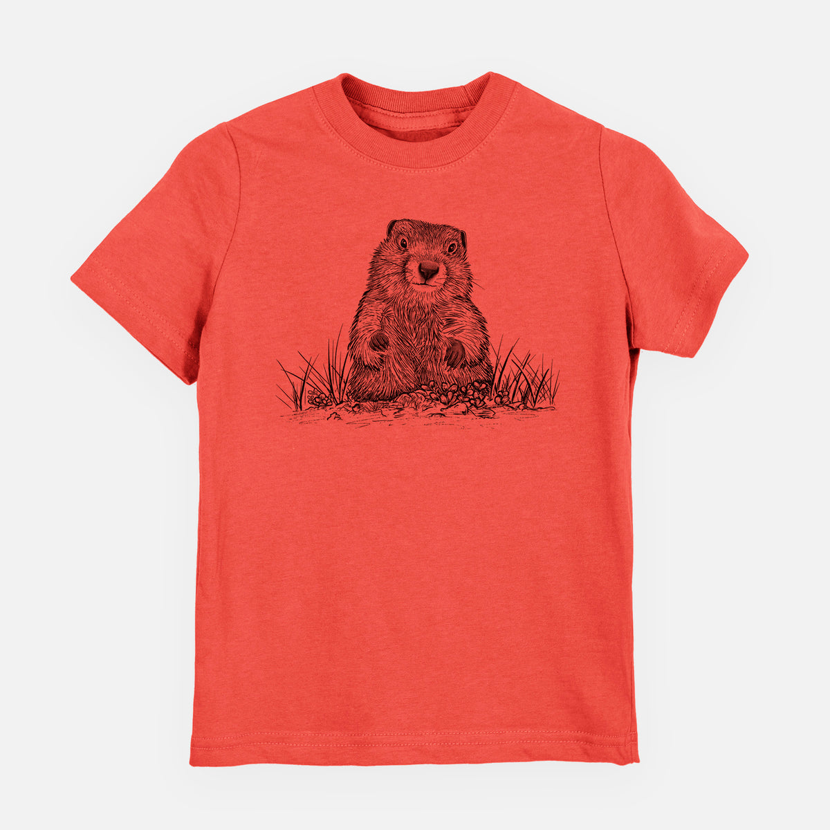 Passionfruit pink youth t-shirt laid flat, printed with a black ink illustration of a groundhog peeking out of its burrow among grass.