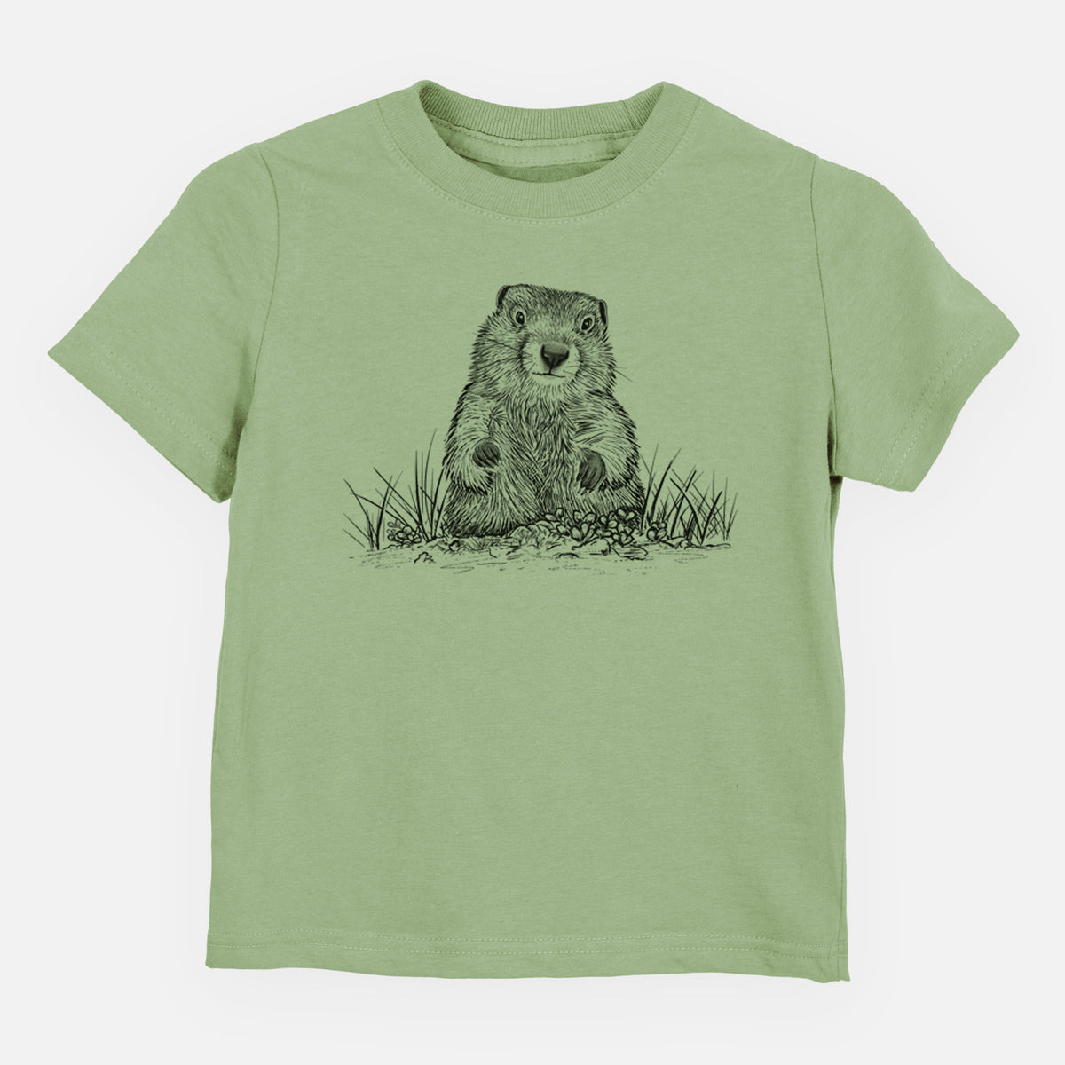 Sage green toddler t-shirt laid flat, printed with a black ink illustration of a groundhog peeking out of its burrow among grass.
