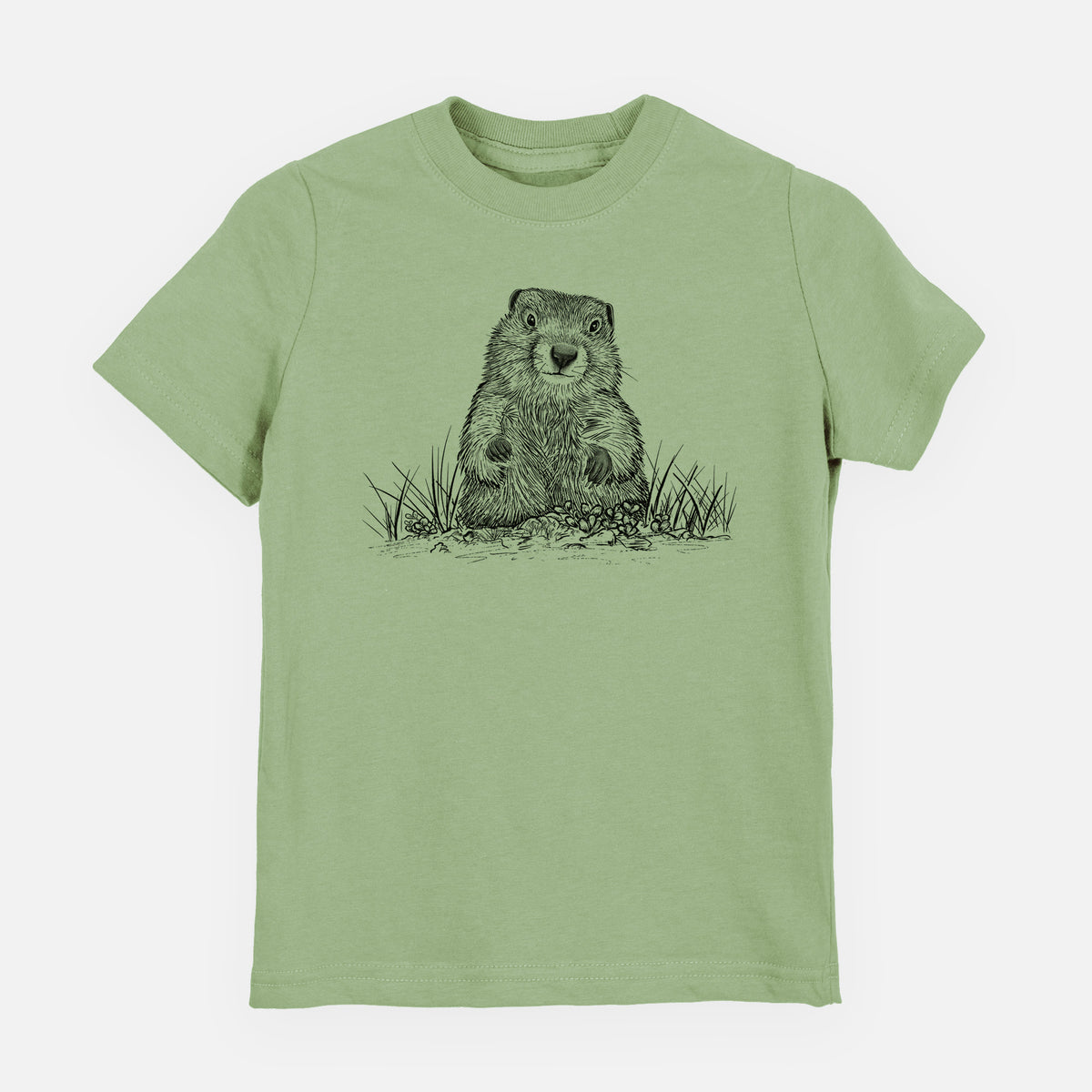 Sage green youth t-shirt laid flat, printed with a black ink illustration of a groundhog peeking out of its burrow among grass.