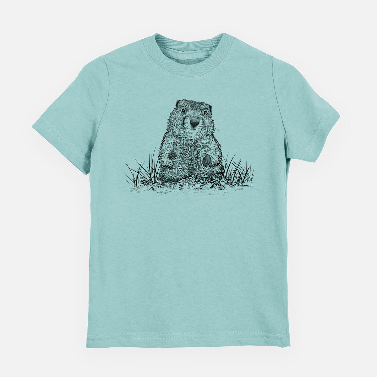 Saltwater youth t-shirt laid flat, printed with a black ink illustration of a groundhog peeking out of its burrow among grass.