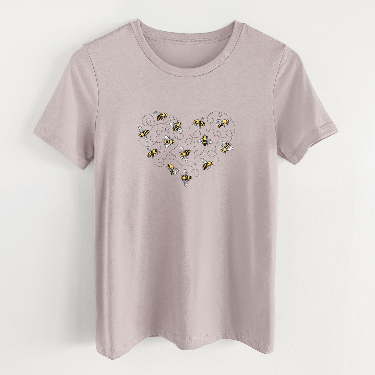 Pink gravel women's relaxed fit cotton t-shirt laid flat, printed with a heart shape made of small bees and looping flight trails.