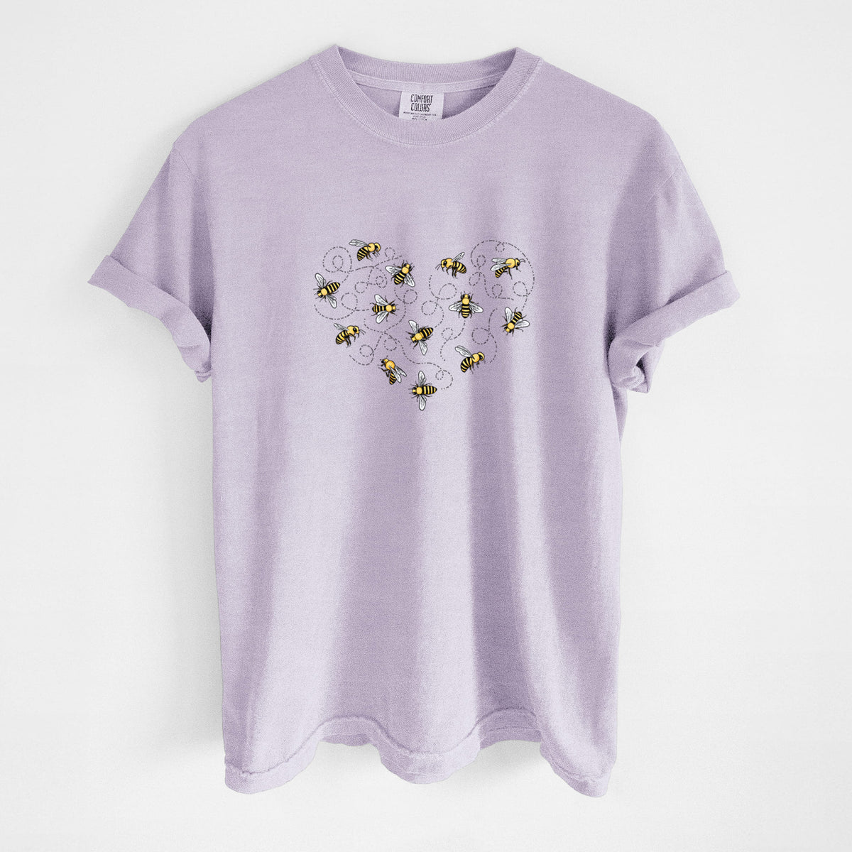Orchid purple Comfort Colors t-shirt laid flat, printed with a heart shape made of small bees and looping flight trails.