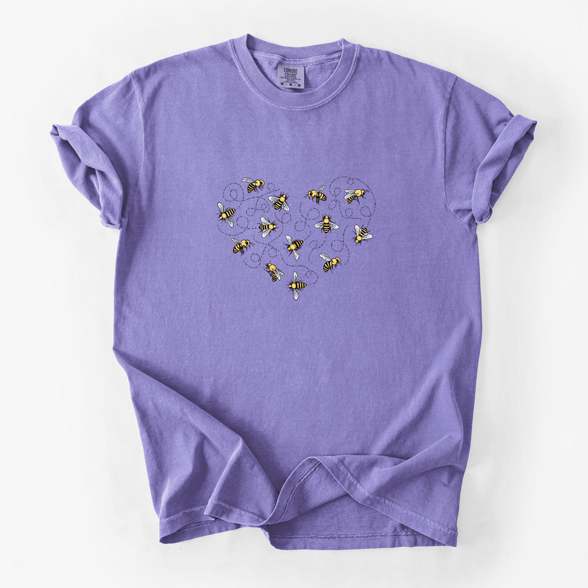 Violet purple Comfort Colors t-shirt laid flat, printed with a heart shape made of small bees and looping flight trails.