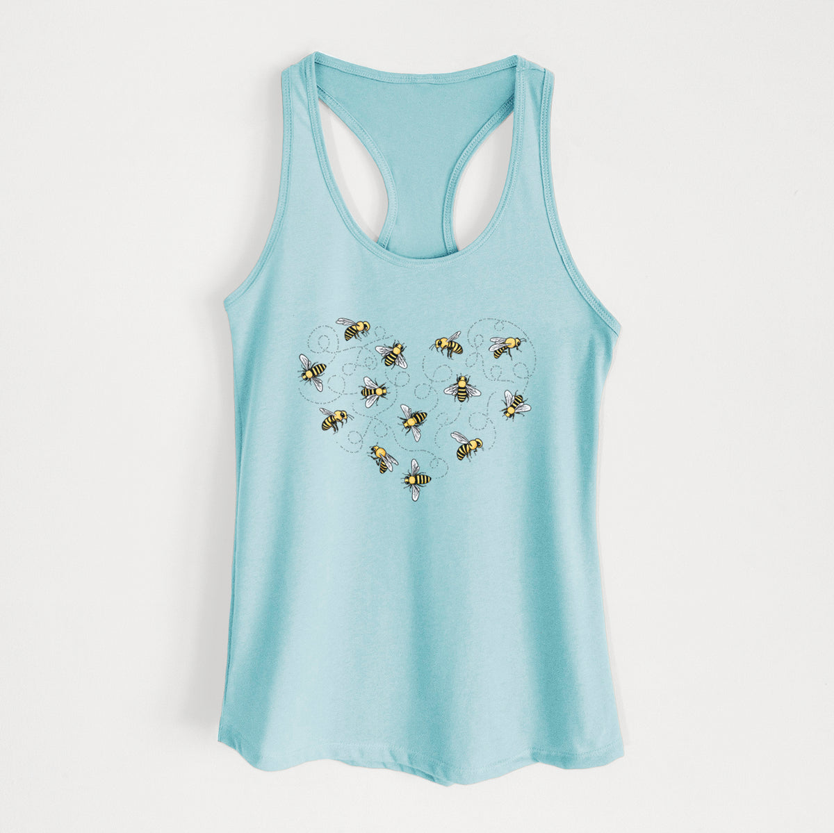 Cancun blue women's racerback tank top laid flat, printed with a heart shape made of small bees and looping flight trails.