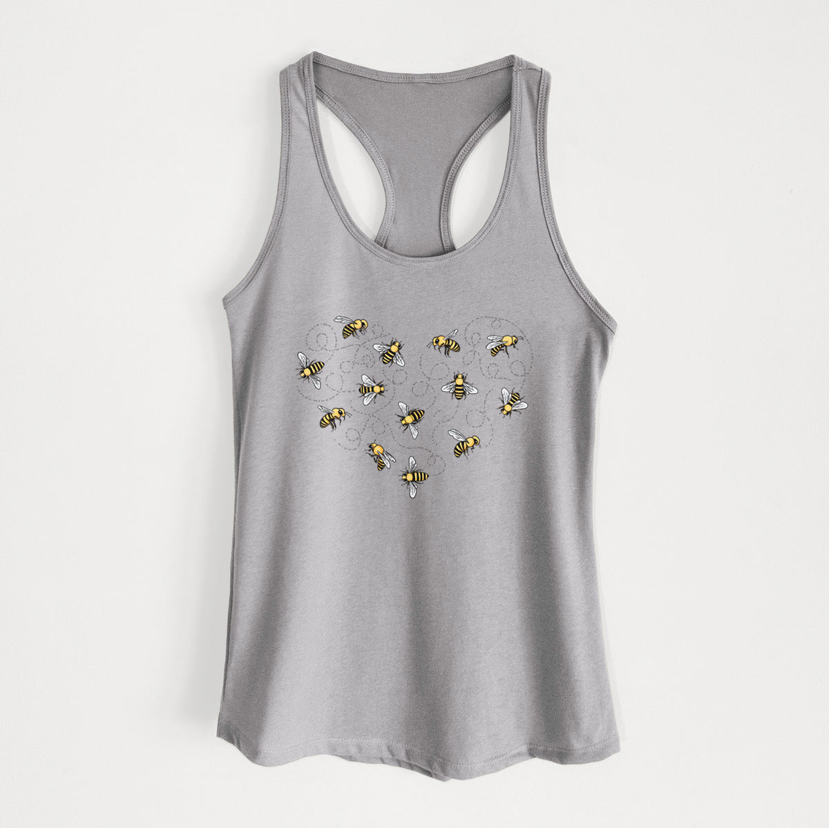 Heather grey women's racerback tank top laid flat, printed with a heart shape made of small bees and looping flight trails.