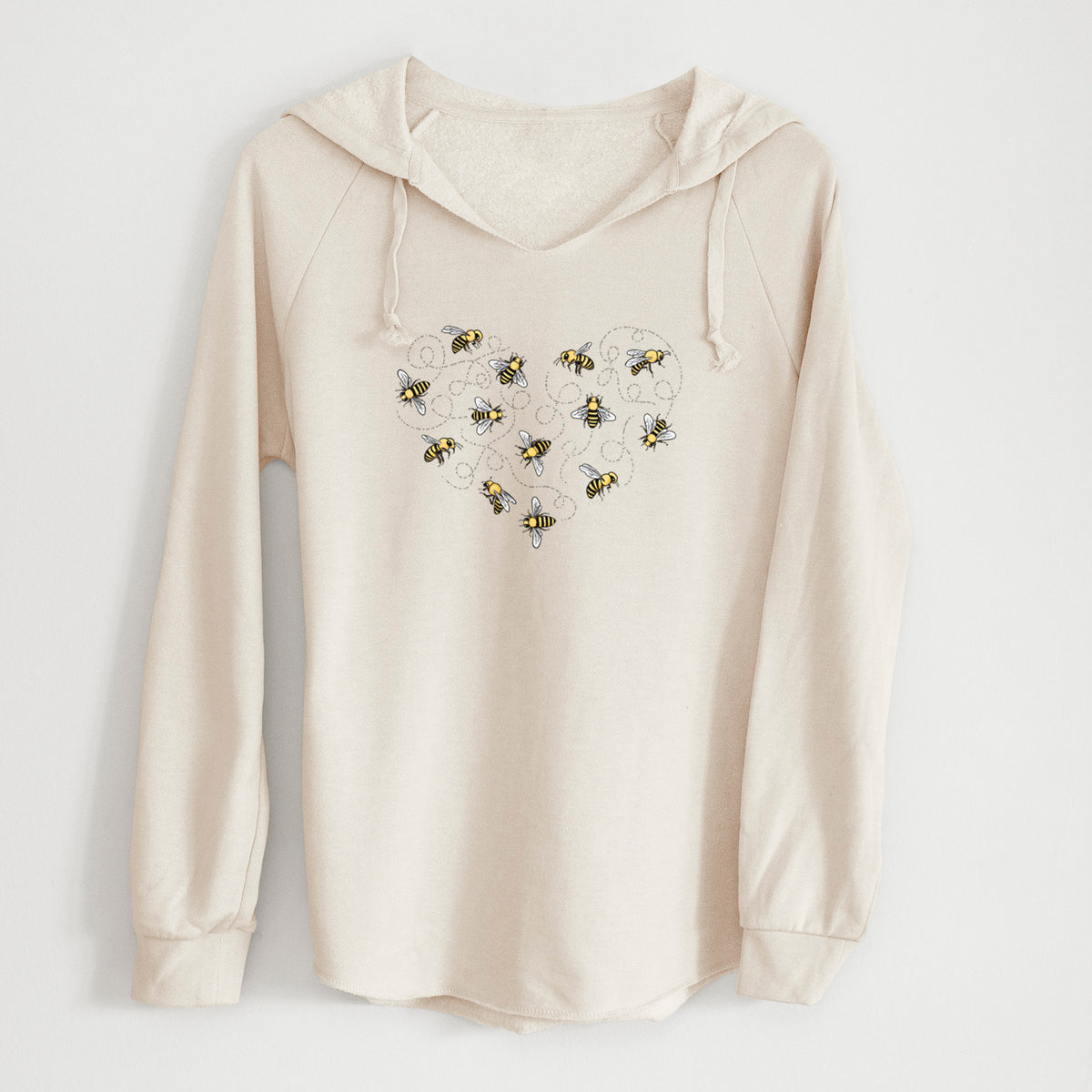 Bone cream women's Cali Wave hooded sweatshirt laid flat, printed with a heart shape made of small bees and looping flight trails.