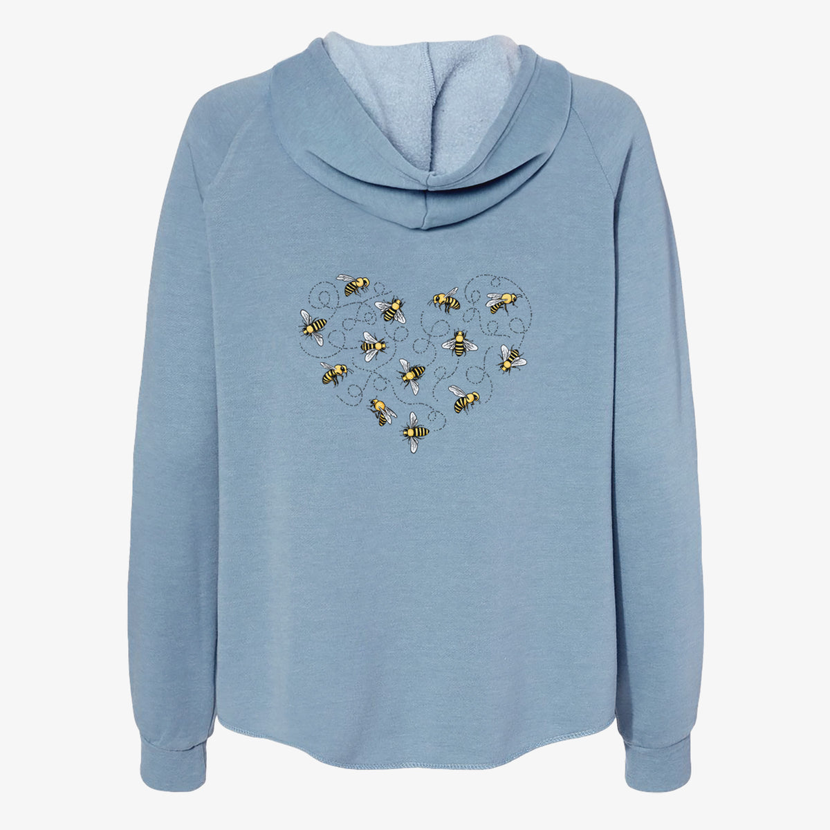 Misty blue women's Cali Wave zip-up sweatshirt laid flat, printed with a heart shape made of small bees and looping flight trails.