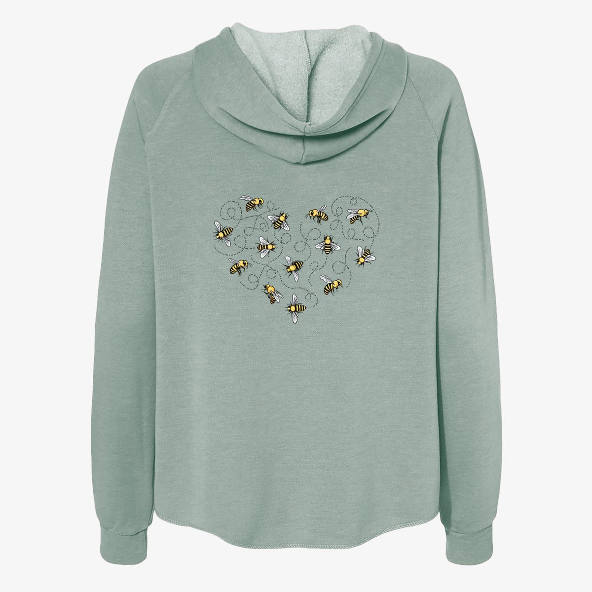 Sage green women's Cali Wave zip-up sweatshirt laid flat, printed with a heart shape made of small bees and looping flight trails.
