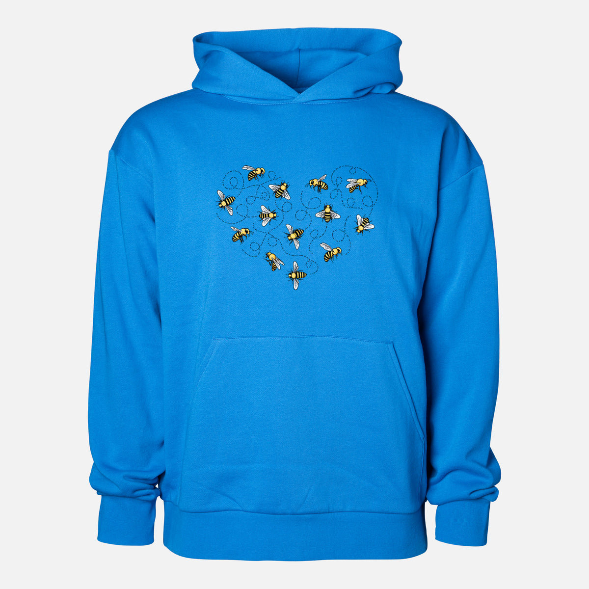 Heart Full of Honeybees - Statement Midweight Hoodie in Azure Blue, shown from the front with the design printed on the chest above a front kangaroo pocket.