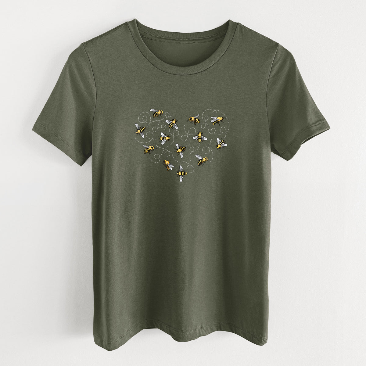 Military green women's relaxed fit cotton t-shirt laid flat, printed with a heart shape made of small bees and looping flight trails.