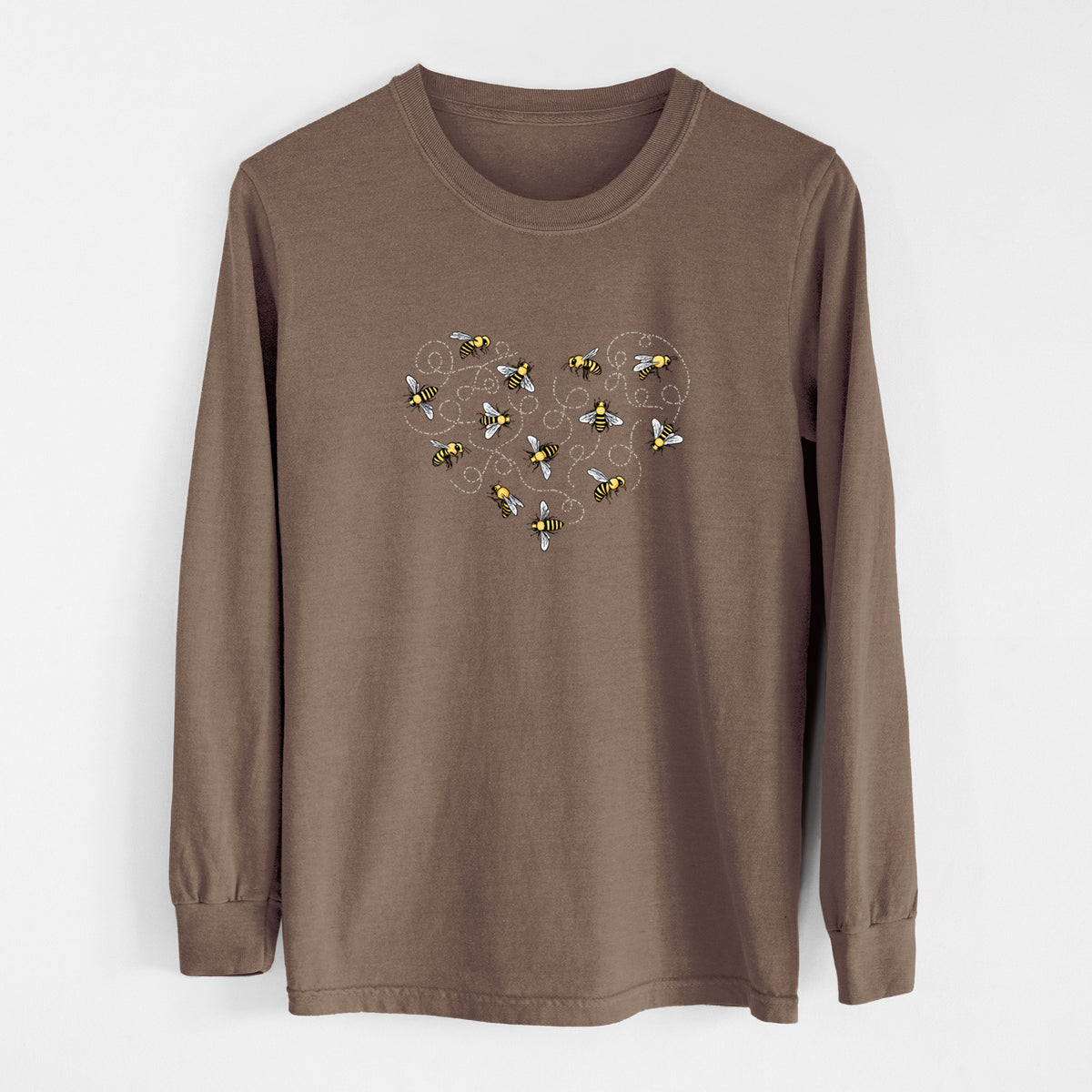 Espresso brown Comfort Colors long sleeve shirt laid flat, printed with a heart shape made of small bees and looping flight trails.