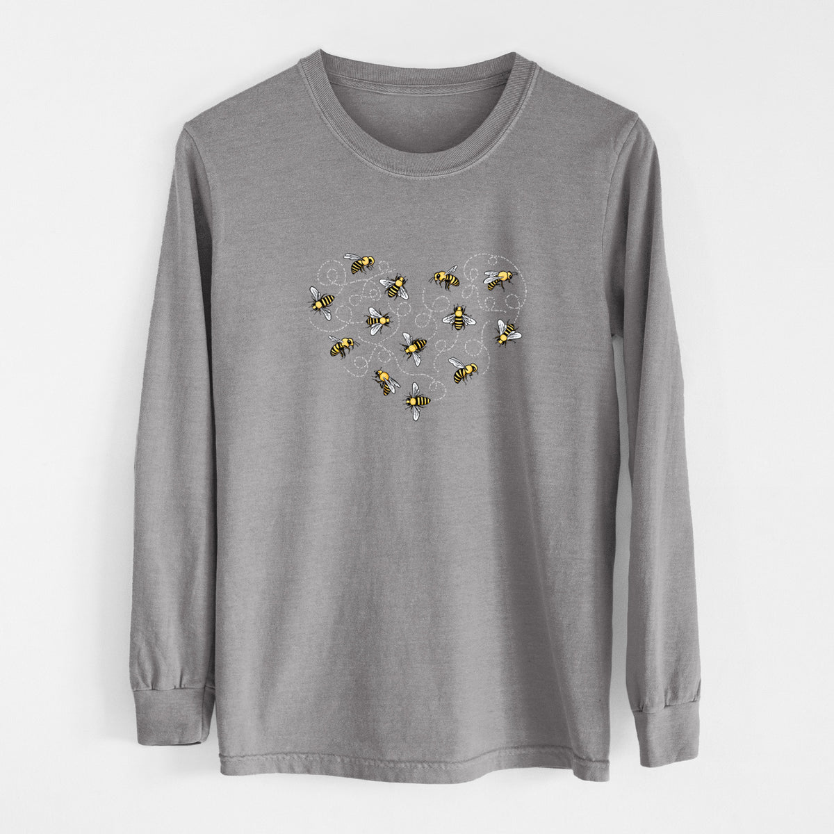 Grey Comfort Colors long sleeve shirt laid flat, printed with a heart shape made of small bees and looping flight trails.