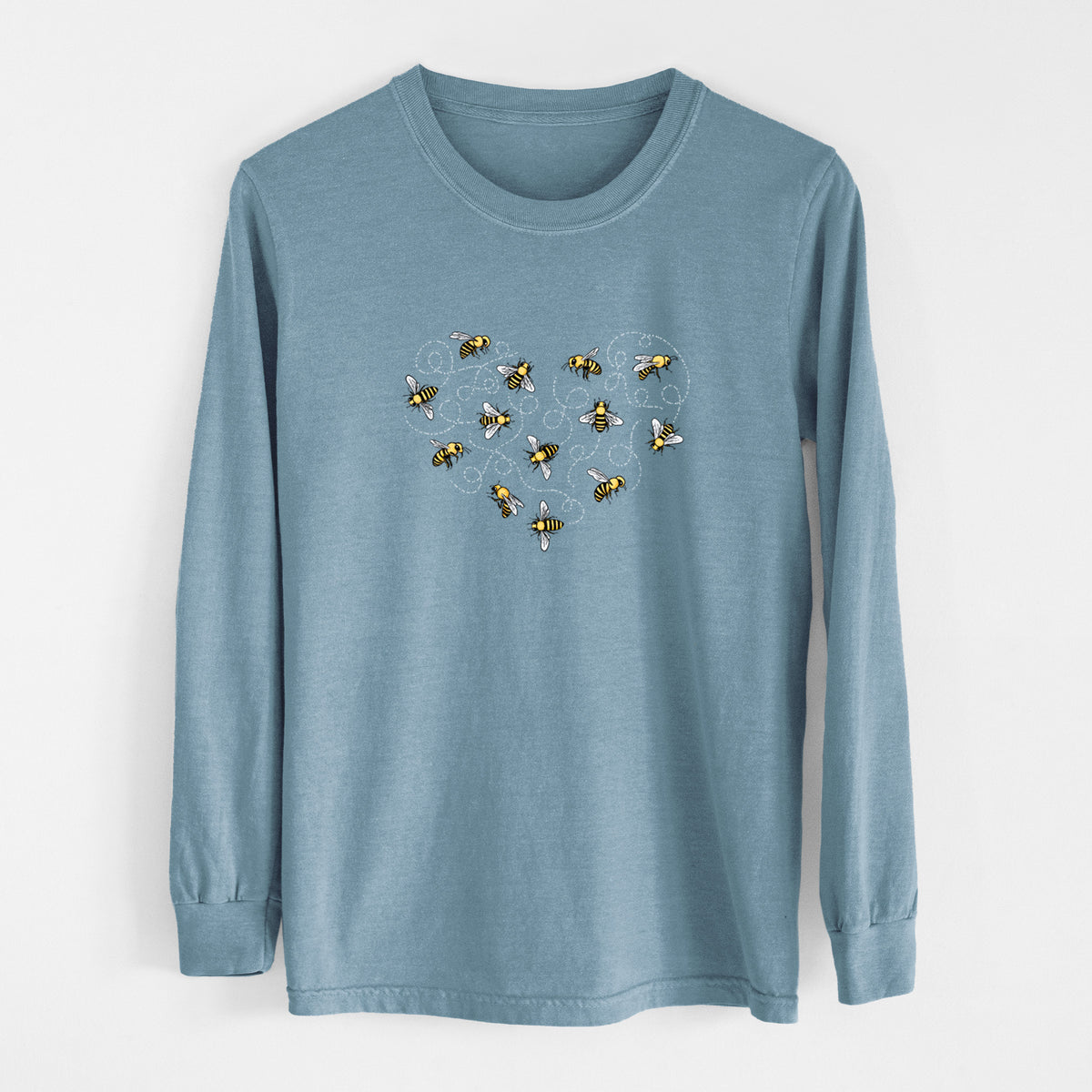 Steel blue Comfort Colors long sleeve shirt laid flat, printed with a heart shape made of small bees and looping flight trails.