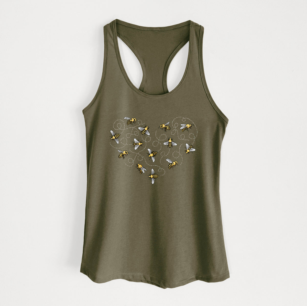 Military green women's racerback tank top laid flat, printed with a heart shape made of small bees and looping flight trails.