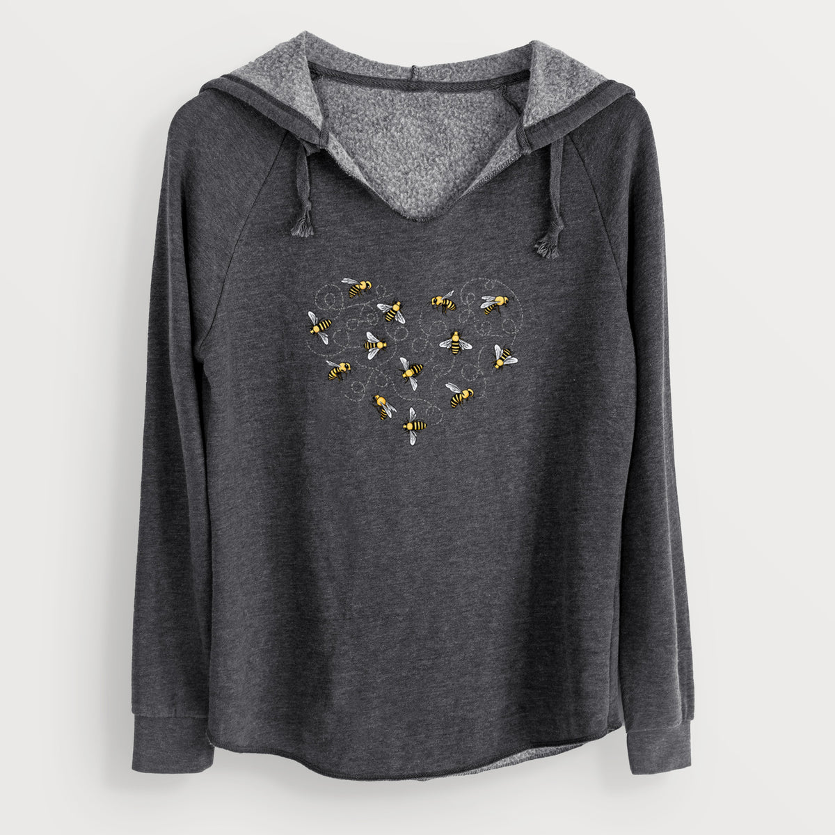 Charcoal grey women's Cali Wave hooded sweatshirt laid flat, printed with a heart shape made of small bees and looping flight trails.