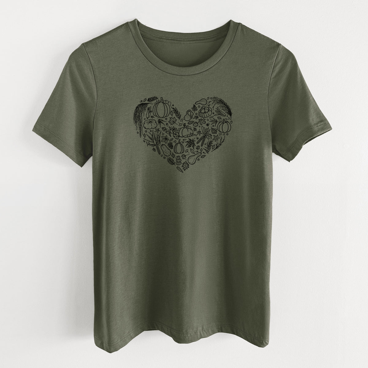 Military green women's relaxed fit cotton t-shirt laid flat, printed with a heart shape filled with black ink autumn leaves, acorns, pumpkins and mushrooms.