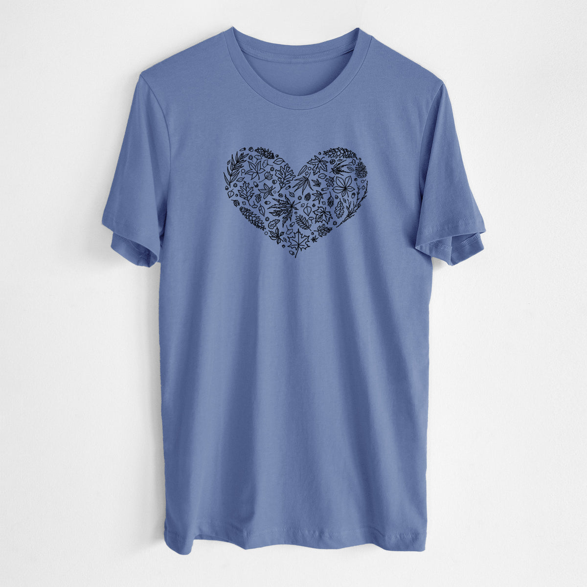 Blue bell lightweight cotton t-shirt laid flat, printed with a heart shape filled with black ink autumn leaves.