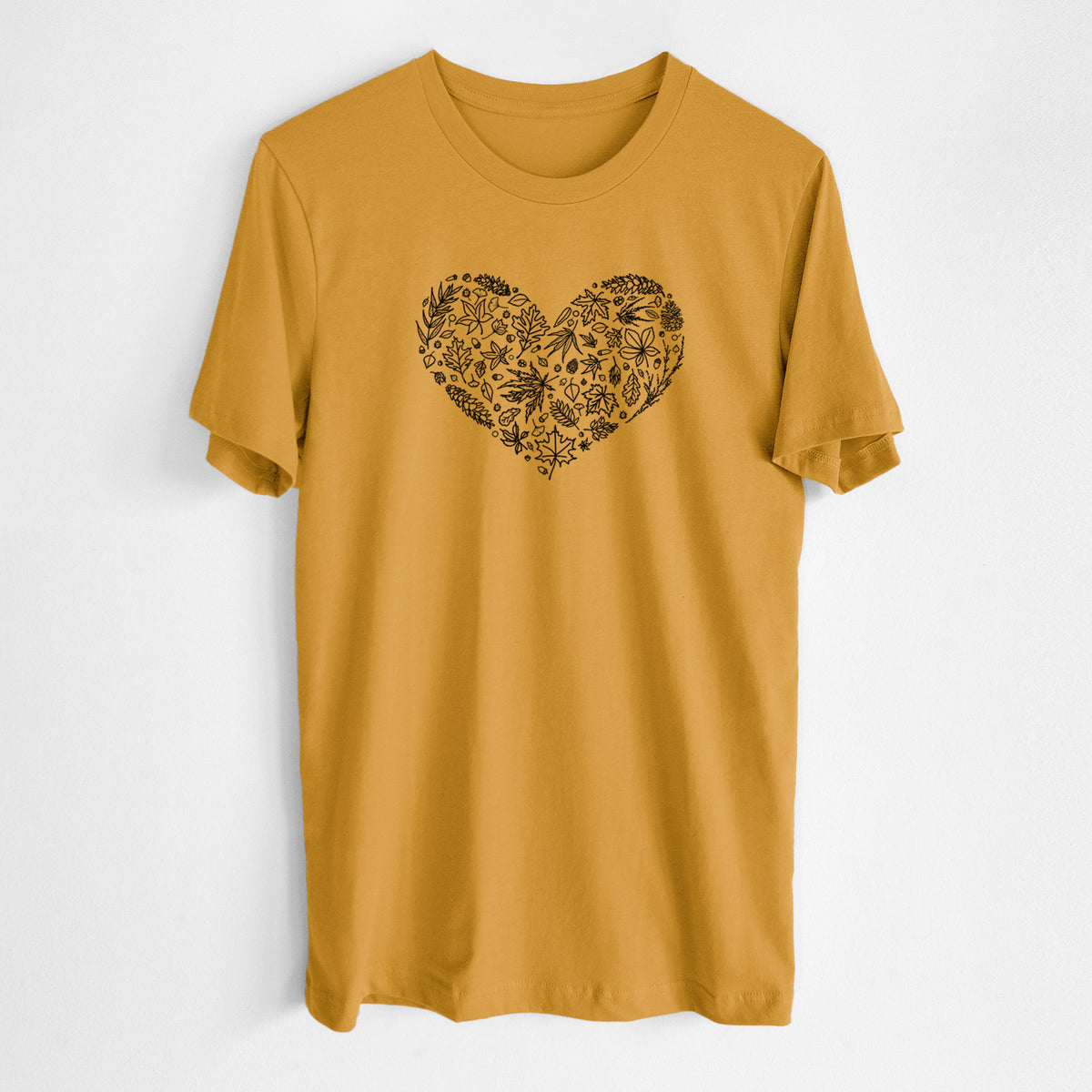 Honeycomb yellow lightweight cotton t-shirt laid flat, printed with a heart shape filled with black ink autumn leaves.