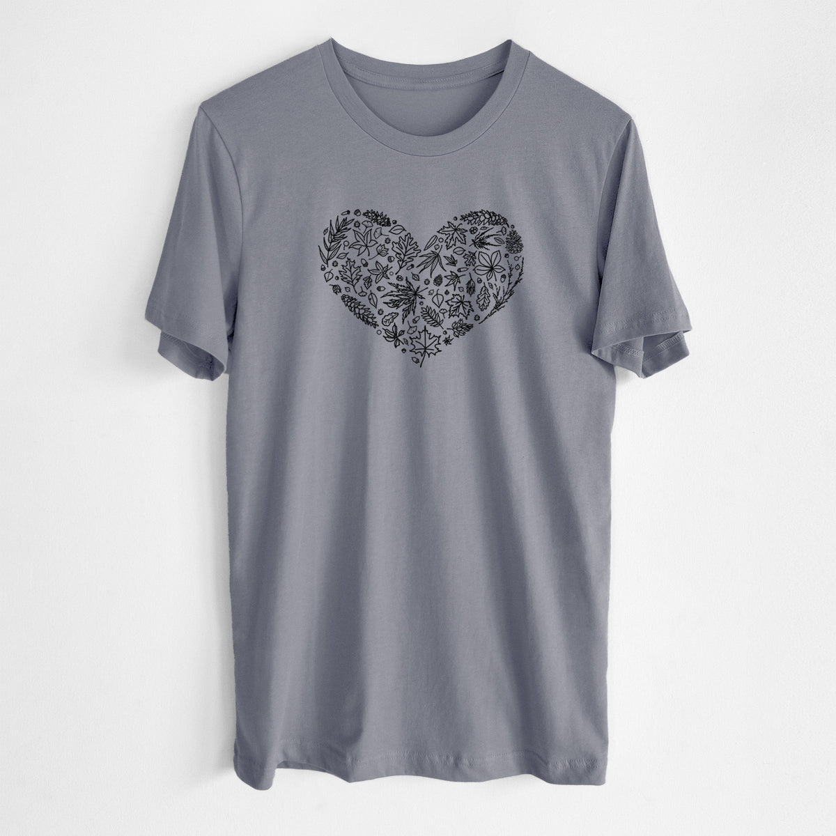 Storm grey lightweight cotton t-shirt laid flat, printed with a heart shape filled with black ink autumn leaves.