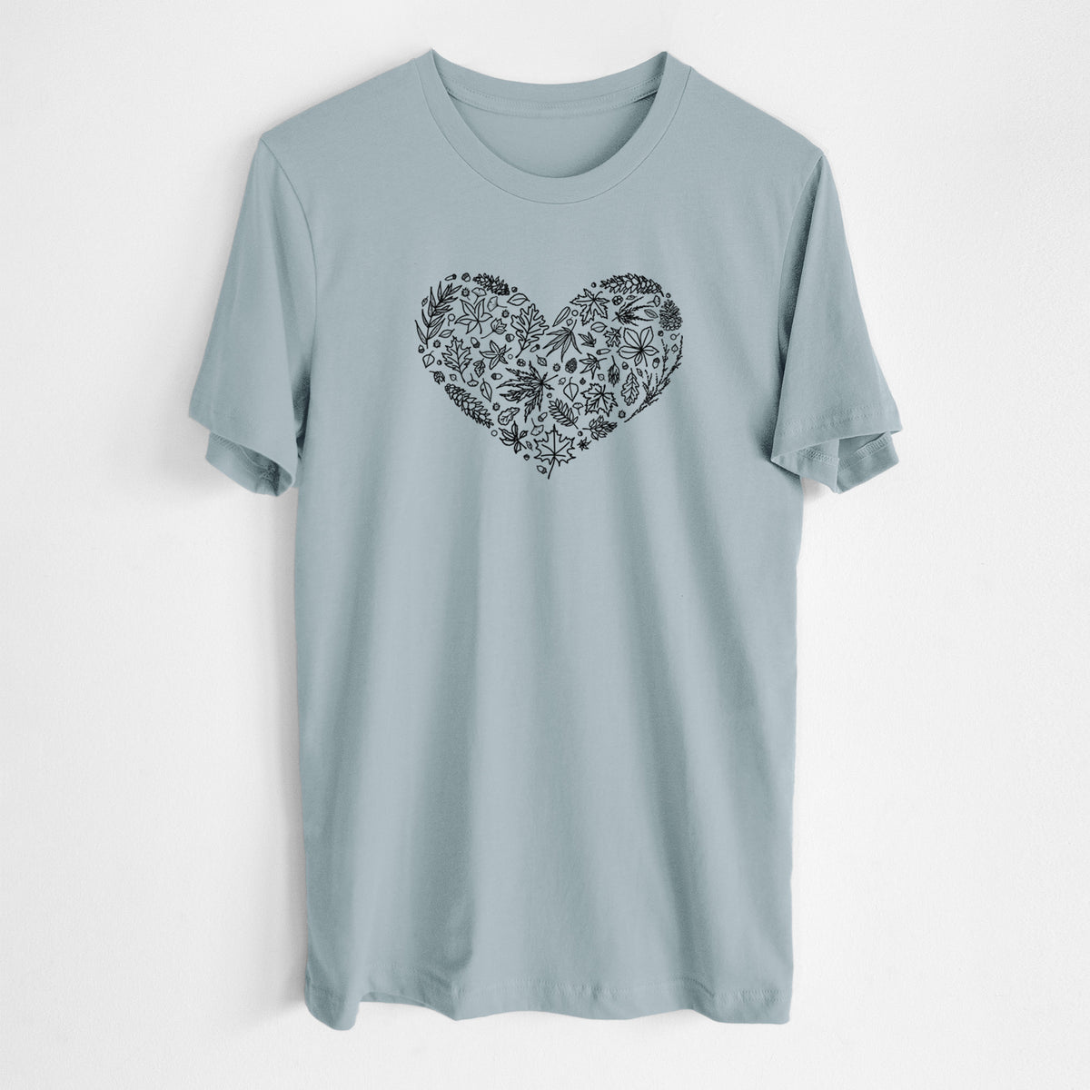 Vintage denim lightweight cotton t-shirt laid flat, printed with a heart shape filled with black ink autumn leaves.
