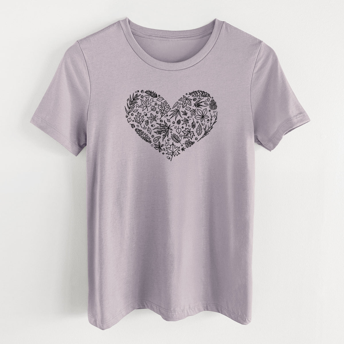 Light violet women's relaxed fit cotton t-shirt laid flat, printed with a heart shape filled with black ink autumn leaves.