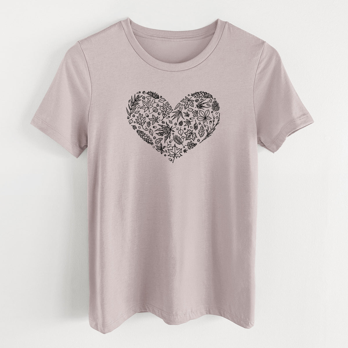 Pink gravel women's relaxed fit cotton t-shirt laid flat, printed with a heart shape filled with black ink autumn leaves.