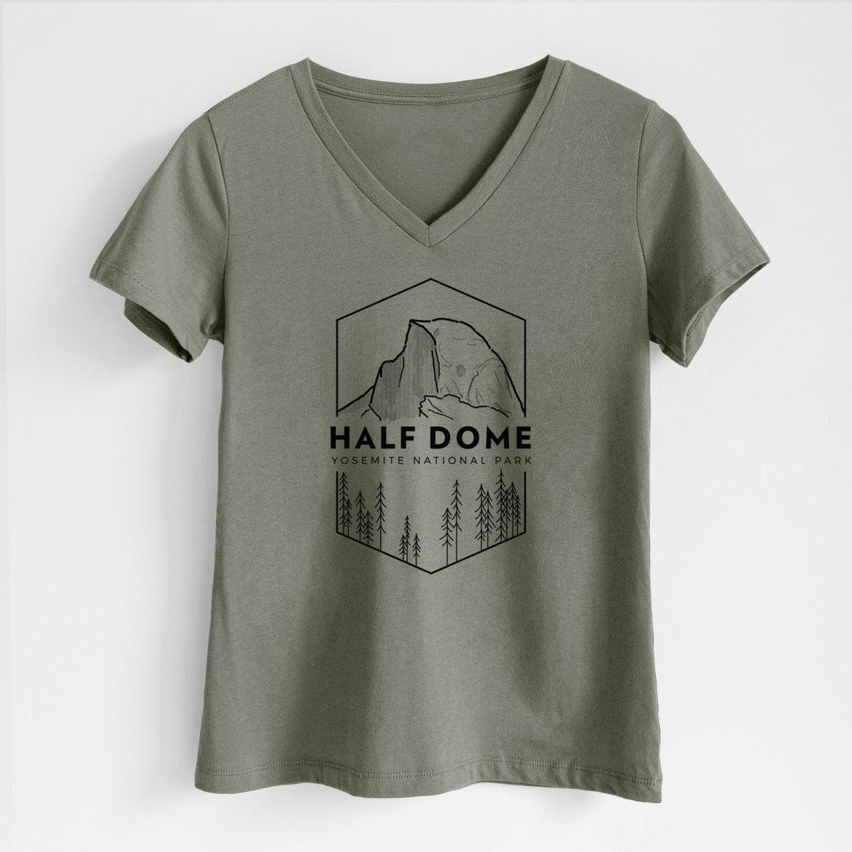 Military green women's relaxed fit cotton V-neck t-shirt laid flat, printed with a black line art badge of Half Dome above a pine forest, with the words Half Dome, Yosemite National Park.