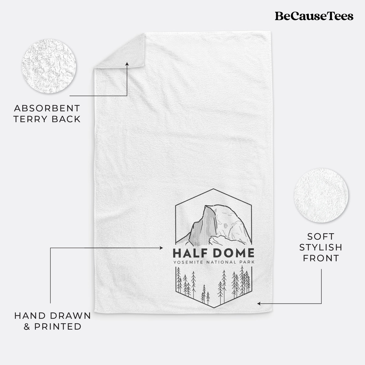 White hand towel printed with a black line art badge of Half Dome above a pine forest, with the words Half Dome, Yosemite National Park.