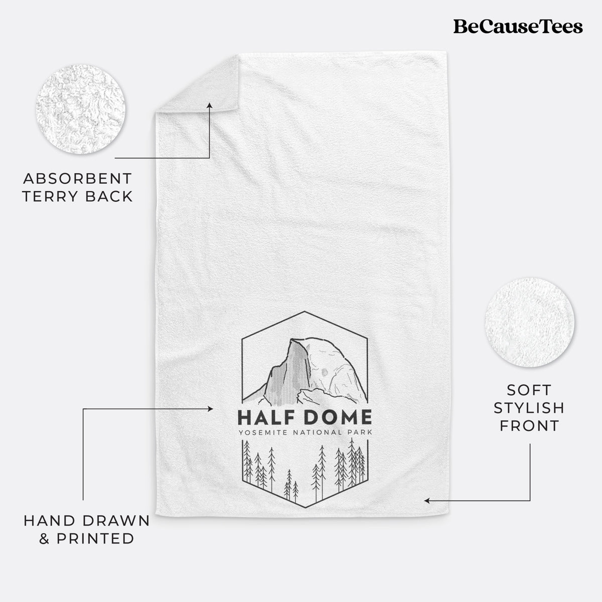 White hand towel printed with a black line art badge of Half Dome above a pine forest, with the words Half Dome, Yosemite National Park.